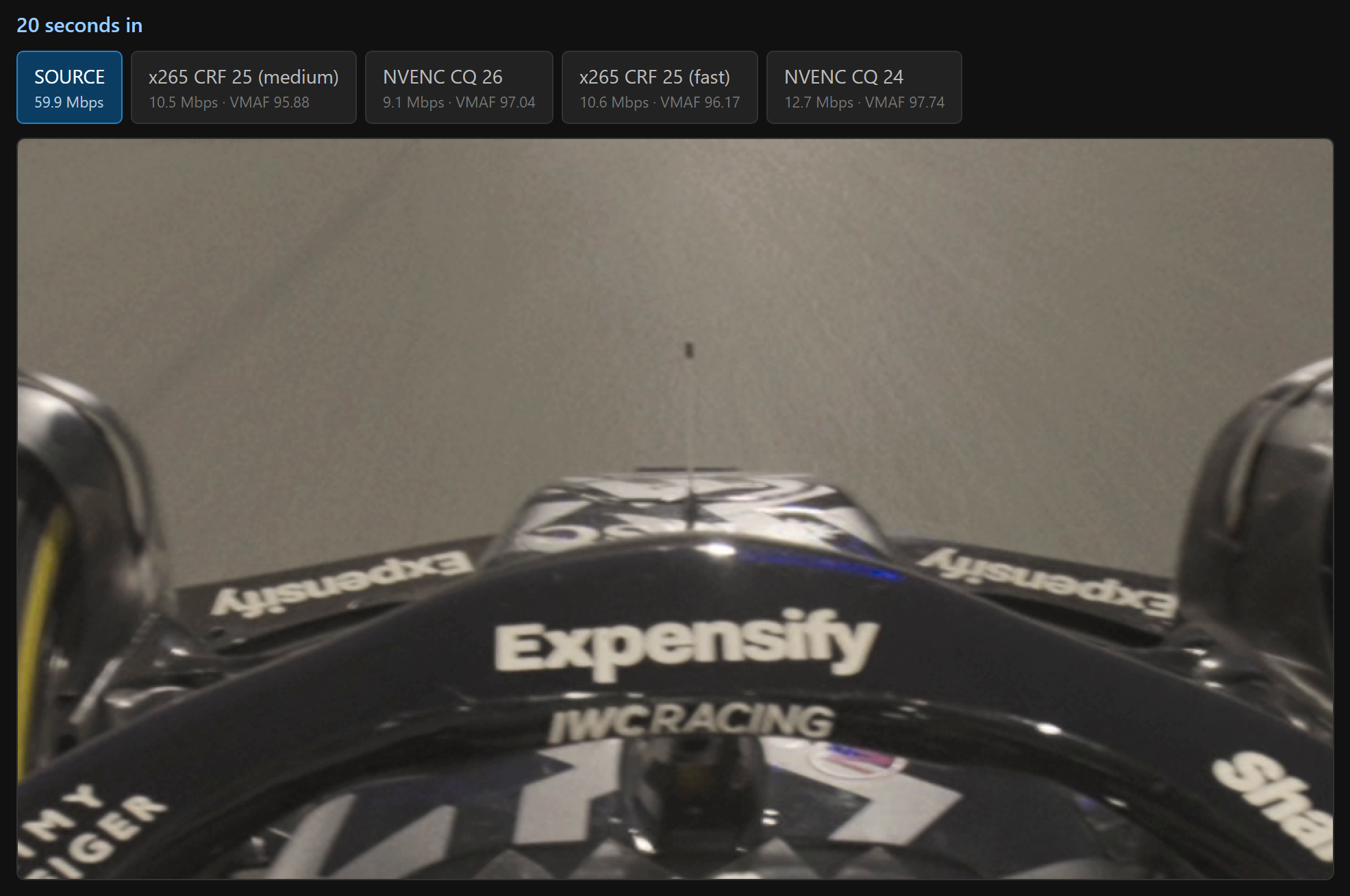 Comparison viewer showing the same frame from each encode, with bitrate and VMAF score on each button