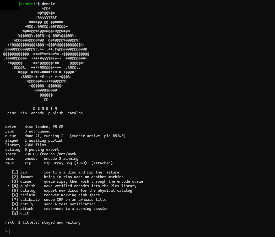 The terminal menu: disc in the drive, encodes running, one film waiting to be filed